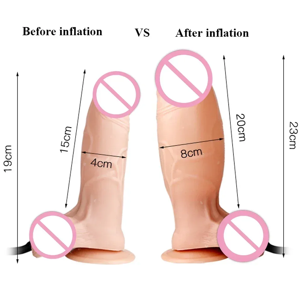 Pênis inflável com 19 cm e 4 cm de diâmetro antes de inflar e 23 cm com 8 cm depois de inflar