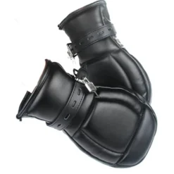 Par de luvas de restrição bondage mitten pretas acolchoadas com fivela e cadeado