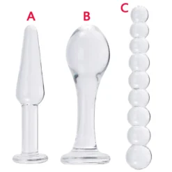 Os três plugs de vidro lado a lado: cônico, bulbo e bolinhas