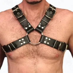 Chest harness masculino em X com argola central e fivelas