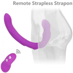 Strapon strapless vibrador duplo roxo vestido no manequim com controle remoto