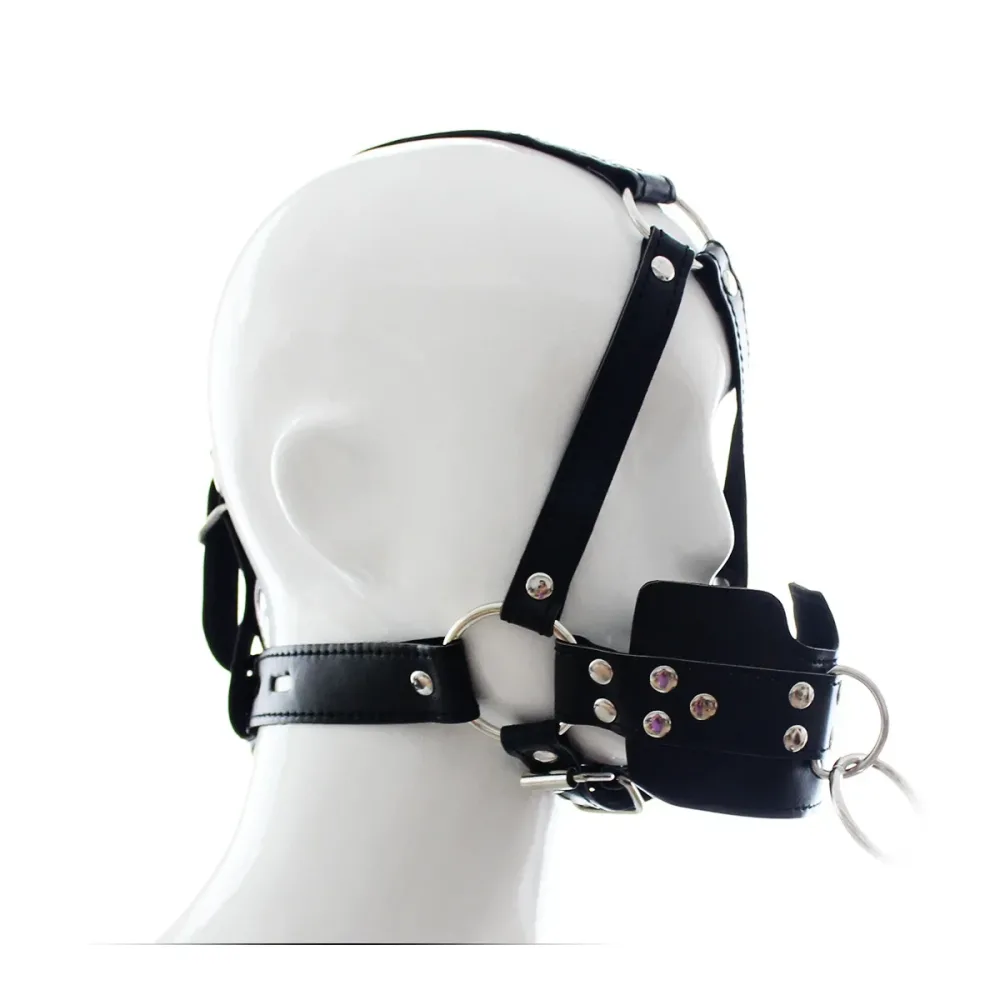 Mordaça com harness de cabeça vestida em manequim, vista de perfil