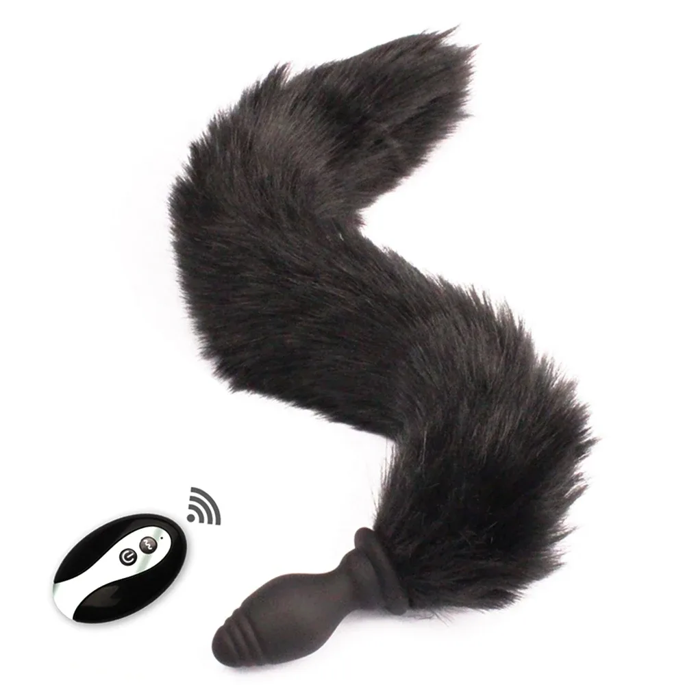Plug anal de silicone com rabo de raposa preto e controle remoto sem fio