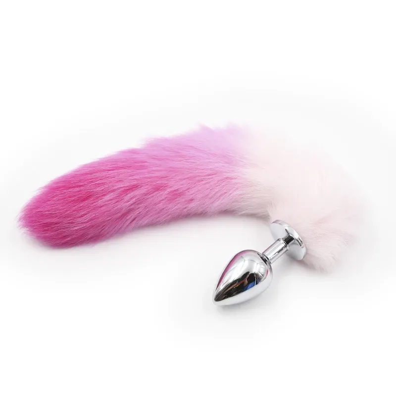 Plug anal de metal mini com rabo de raposa rosa e branco