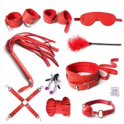 Conjunto BDSM Bondage Completo 10 Peças BDSM Chicote Bondage Mordaça Coleira Máscara Jogos Adultos 