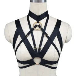 Harness sutiã feminino Aurum preto com gola choker e argola dourada