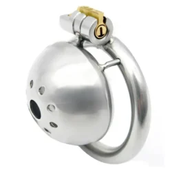 Gaiola de castidade pequena de aço inox com cúpula furada e trava embutida