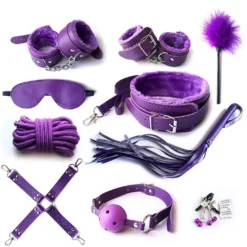 Conjunto BDSM bondage completo de 10 peças roxo com pelúcia