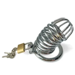 Gaiola de castidade espiral de aço inoxidável prata com cadeado e chaves