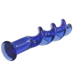 Plug anal de vidro azul translúcido com rosca em espiral e pé chato