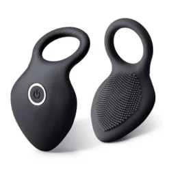 Anel peniano vibrador preto recarregável visto de frente e de costas