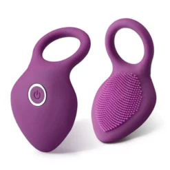 Anel peniano vibrador roxo de silicone com língua de cerdas