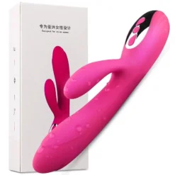 Vibrador rabbit rosa ao lado da caixa do fabricante