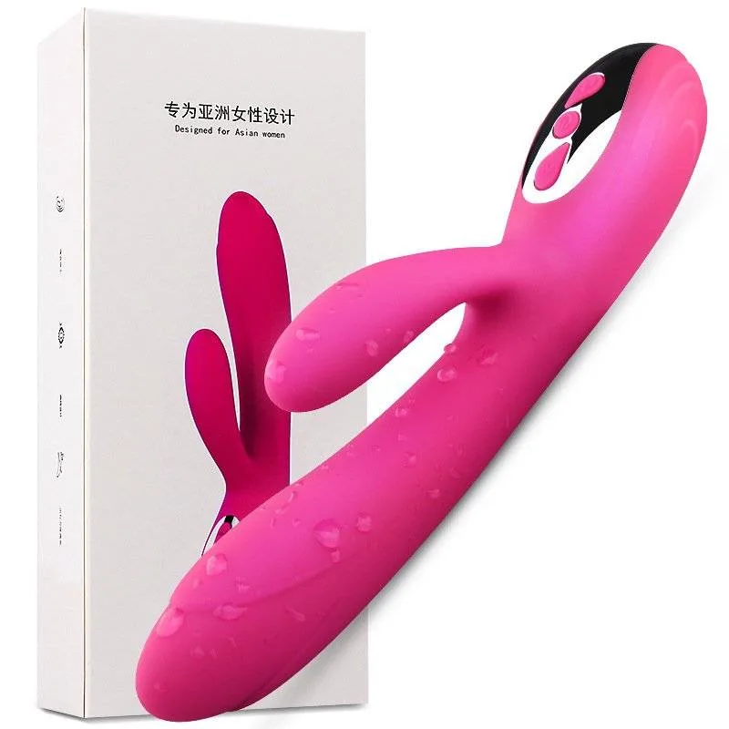 Vibrador rabbit rosa ao lado da caixa do fabricante