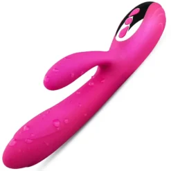 Vibrador rabbit em rosa escuro visto de lado, com o braço do coelho em destaque