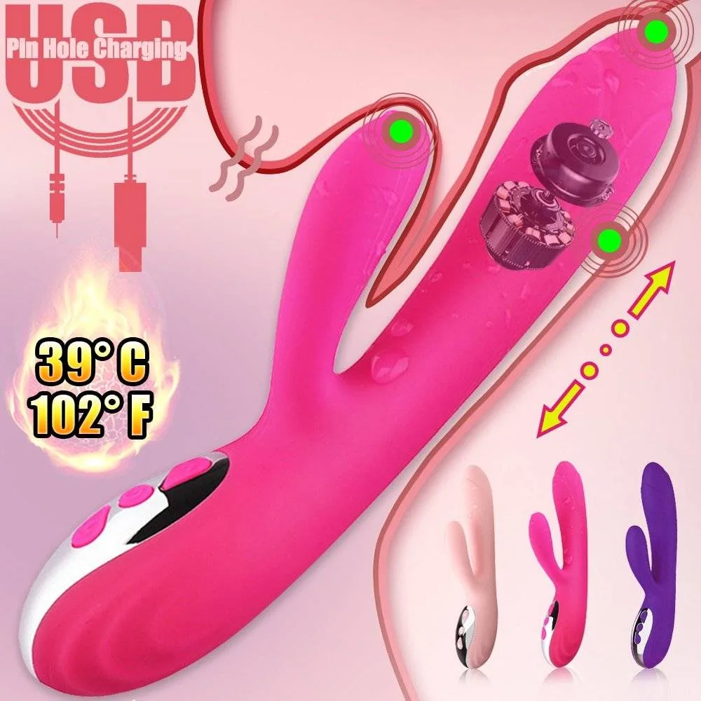 Esquema do vibrador rabbit mostrando a recarga USB, os dois motores e o aquecimento a 39 graus