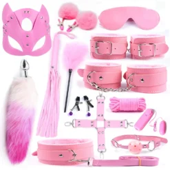 Kit de 14 acessórios BDSM rosa com algemas, coleira, chicote, máscara de gatinha e plug com cauda