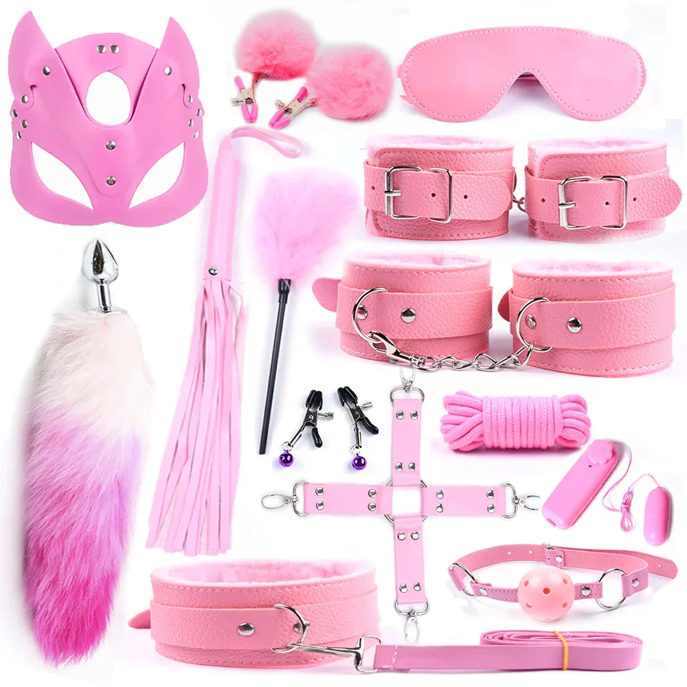 Kit de 14 acessórios BDSM rosa com algemas, coleira, chicote, máscara de gatinha e plug com cauda