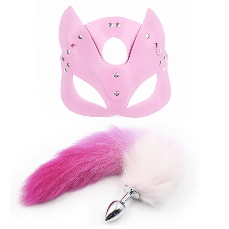 Máscara de gatinha rosa e plug anal de metal com cauda rosa e branca