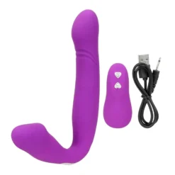 Strapless strapon roxo em J com controle remoto e cabo de recarga USB