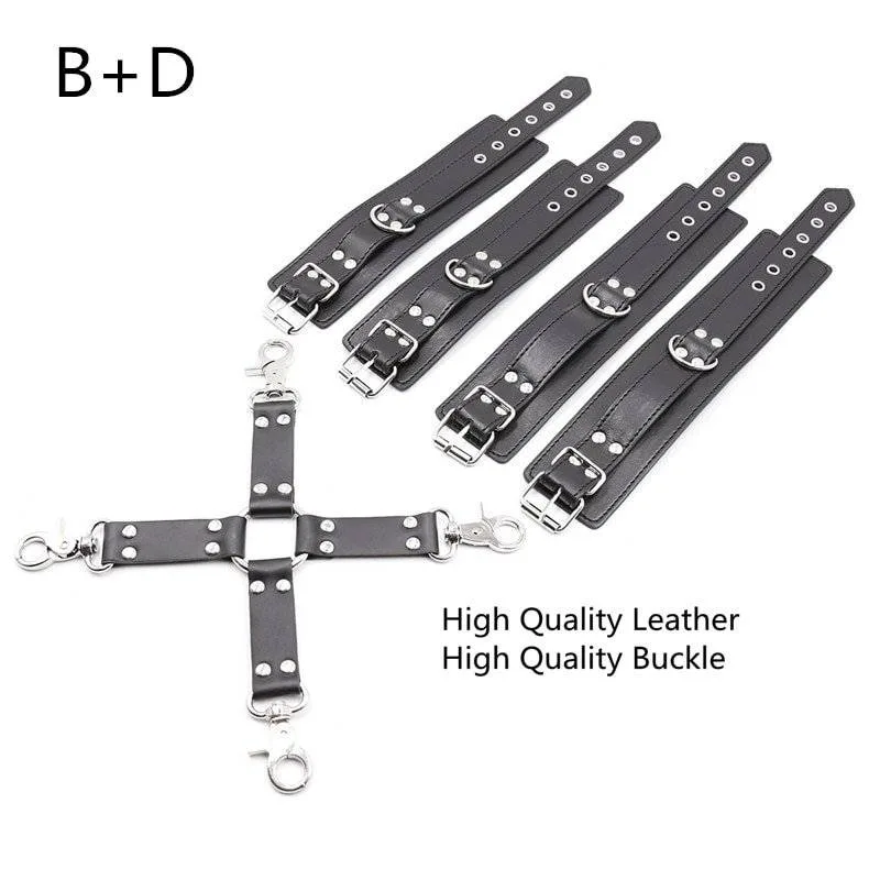 Kit hogtie com quatro braçadeiras de couro e cruz em X