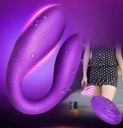 Vibrador feminino duplo em U roxo com controle remoto sem fio