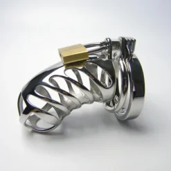 Cinto de castidade de aço inoxidável Viper com gaiola curvada em espiral e cadeado de latão
