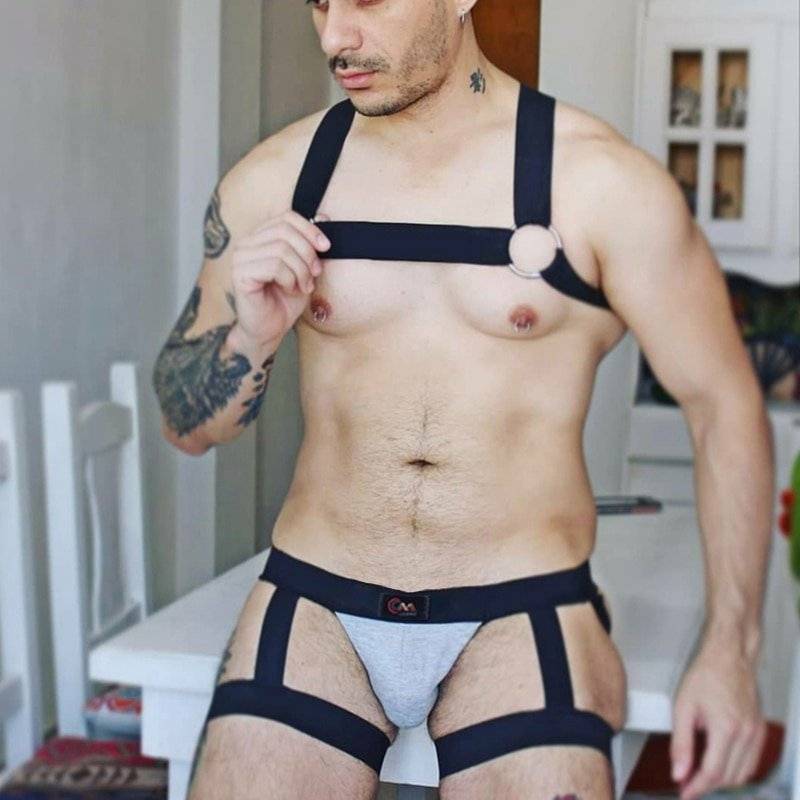 Roupa interior masculina sexy correias de arnês de bondage perna cinto lingerie briefs elástico erótico fetiche oco traje conjunto hombre