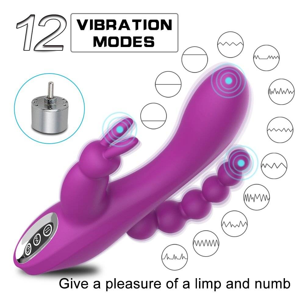 12 função Coelho Vibrador G-spot e P-local Vibrador Anal Triplo Curva Recarregável Dildo Vibrador para Mulheres estimulador de clitóris