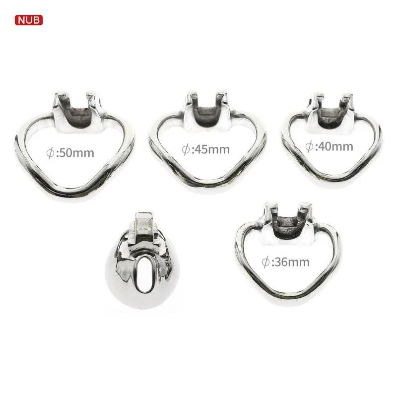 Gaiola de castidade de aço com os quatro anéis de 36, 40, 45 e 50 mm