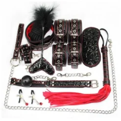 Kit bondage BDSM de 10 peças preto com flogger vermelho, algemas, coleira e mordaça