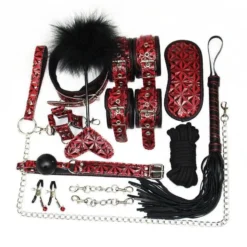 Kit bondage BDSM de 10 peças vermelho vinho com relevo de diamante