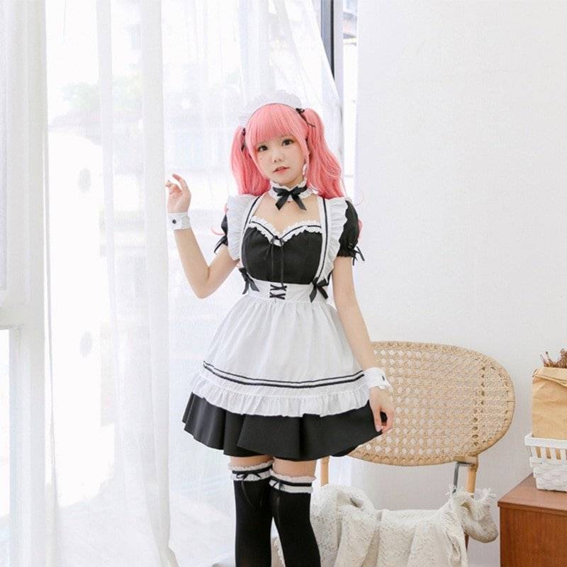 Preto bonito lolita maid trajes vestido de empregada francesa meninas mulher amine cosplay traje empregada doméstica festa trajes palco