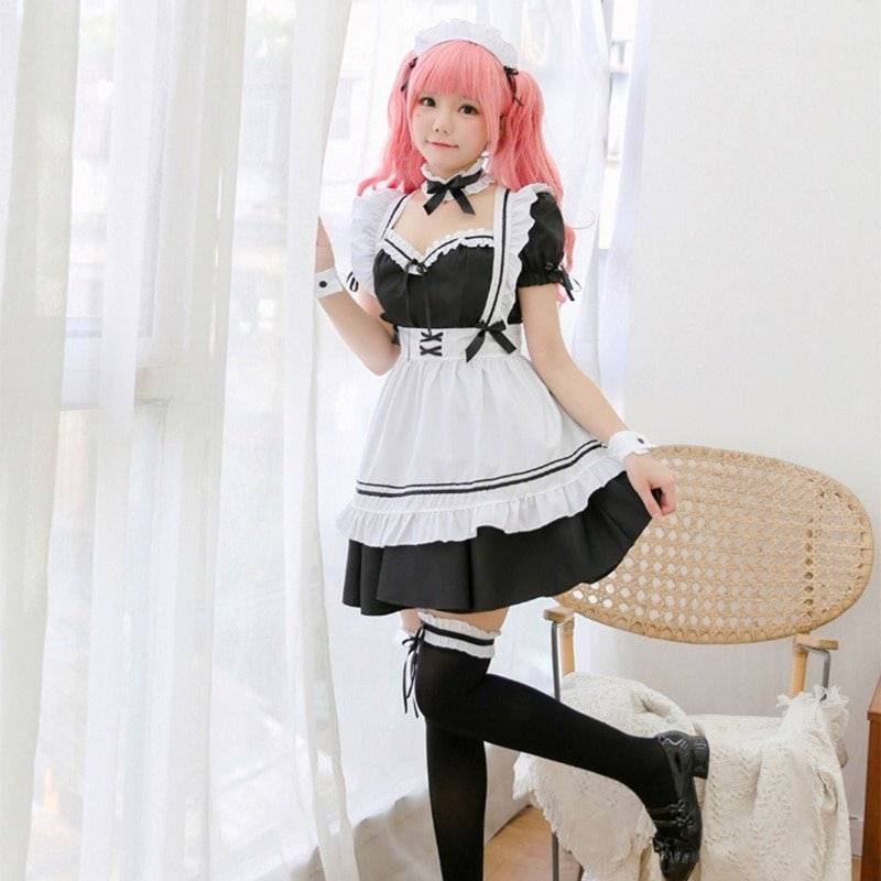 Preto bonito lolita maid trajes vestido de empregada francesa meninas mulher amine cosplay traje empregada doméstica festa trajes palco