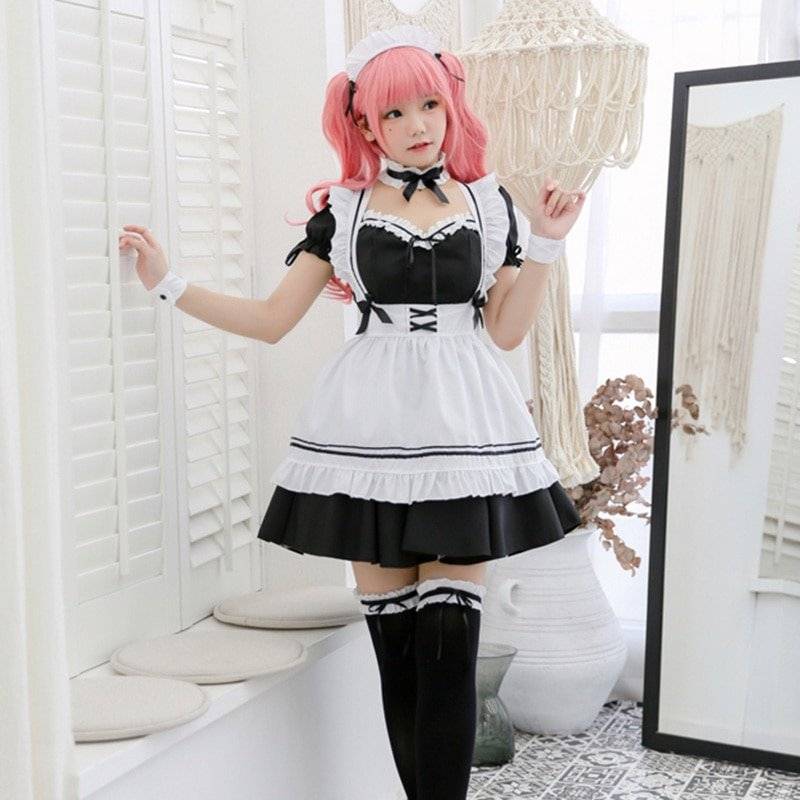 Preto bonito lolita maid trajes vestido de empregada francesa meninas mulher amine cosplay traje empregada doméstica festa trajes palco