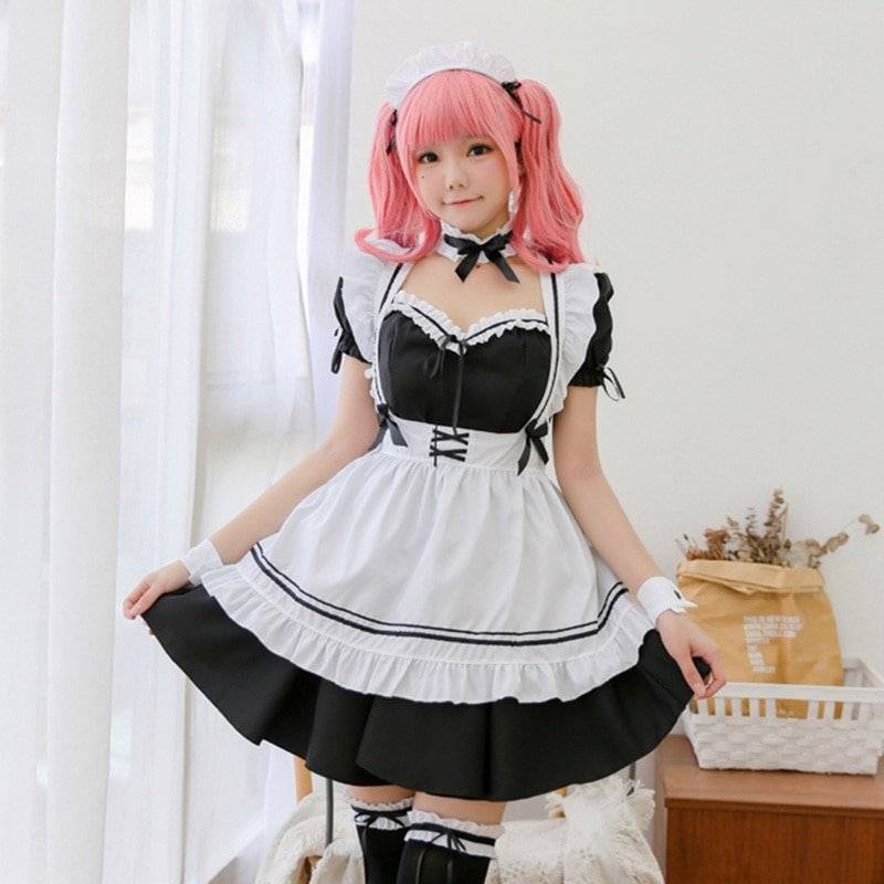 Preto bonito lolita maid trajes vestido de empregada francesa meninas mulher amine cosplay traje empregada doméstica festa trajes palco