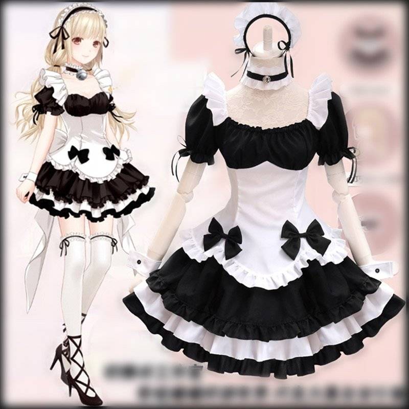 Preto branco chocolate maid trajes francês bowknot maid saia meninas mulher amina cosplay traje garçonete trajes de festa