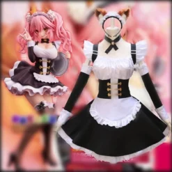 Fantasia de empregada de Fate Grand Order ao lado da arte da personagem Tamamo no Mae