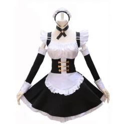 Fantasia de empregada Tamamo no Mae com vestido, avental de babados e mangas pretas com punhos brancos em manequim