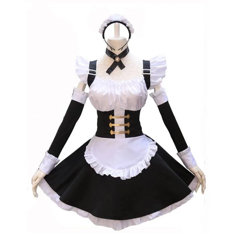 Fantasia de empregada Tamamo no Mae com vestido, avental de babados e mangas pretas com punhos brancos em manequim
