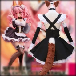 Costas da fantasia de empregada Tamamo no Mae com alças cruzadas e cauda de raposa nas fotos de referência