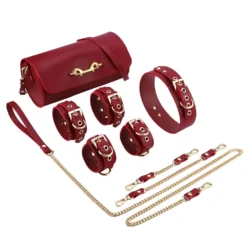 Kit de bondage vermelho com bolsa, algemas, tornozeleiras e coleira