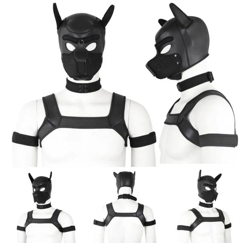 Seis vistas do kit pet play preto, mostrando capuz, coleira, harness e braçadeiras