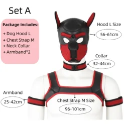Medidas do kit M: capuz 56 a 61 cm, harness 96 a 101 cm, coleira 32 a 44 cm e braçadeiras 25 a 42 cm