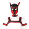 Kit pet play com máscara puppy de neoprene preto e vermelho, coleira, harness e braçadeiras