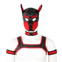 Kit pet play com máscara puppy de neoprene preto e vermelho, coleira, harness e braçadeiras
