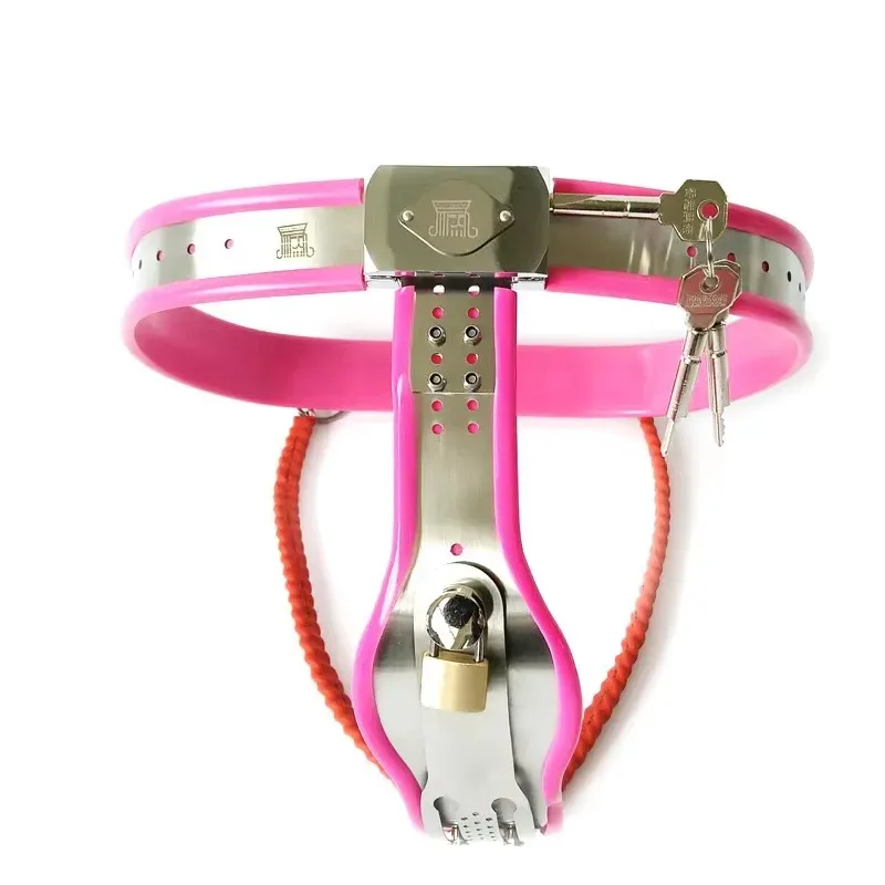 Cinto de castidade feminino Vestal em aço inox com silicone rosa, trava frontal e chaves