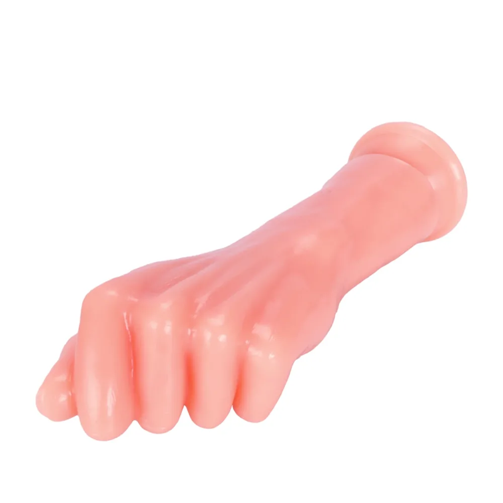 Dildo braço em punho fechado deitado mostrando os dedos e a base de ventosa