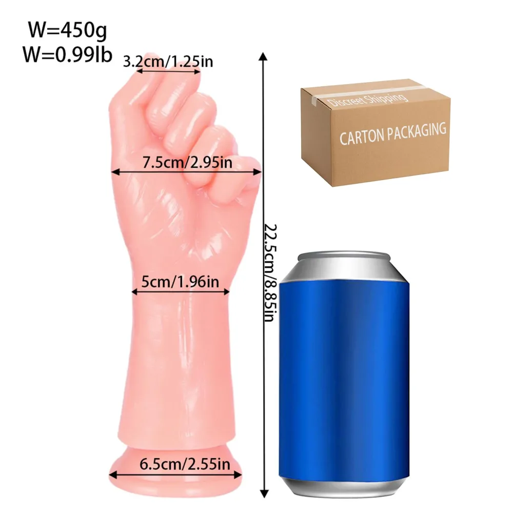Medidas do dildo punho pele clara com 7,5 cm nos nós dos dedos e base de 6,5 cm