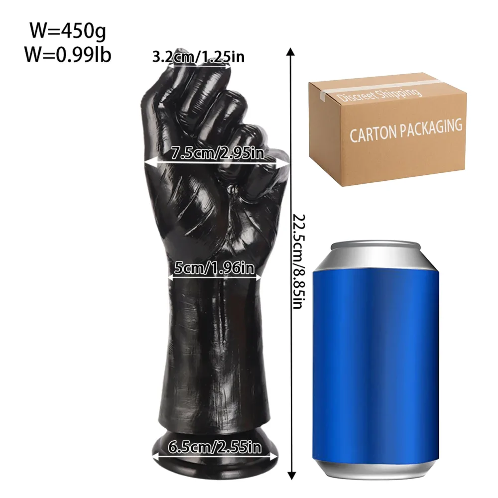Medidas do dildo punho preto: 22,5 cm de comprimento, 7,5 cm no punho e 5 cm no pulso